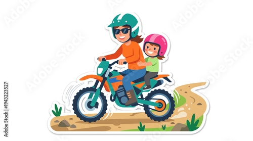 Mother and child riding a dirt bike on a dusty trail surrounded by green grass and blue sky, depicting a fun outdoor adventure