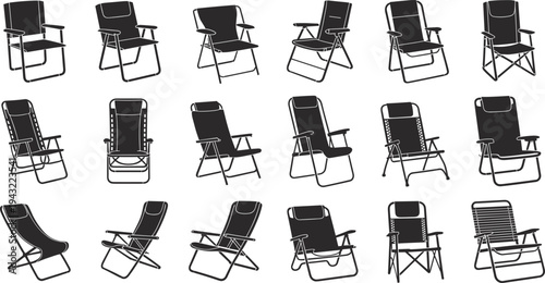 Multiple black and white reclining deck chairs in various reclined positions on a white background
