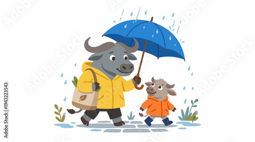 Adorable cartoon buffalo parent and child walking together on a rainy day, protected by a blue umbrella while wearing matching yellow raincoats and boots