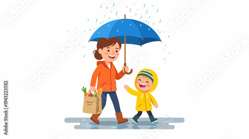 Happy Mother and Child Walking Under an Umbrella in the Rain, Enjoying a Rainy Day Together