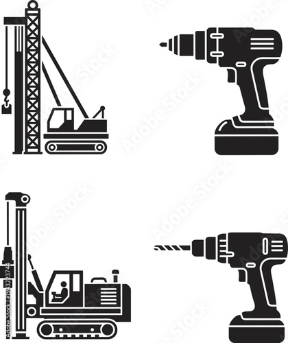 Construction machinery and power tools vector illustration, tracked crane, cordless drill, drilling rig, industrial equipment, heavy machinery, engineering tools, black and white silhouette artwork