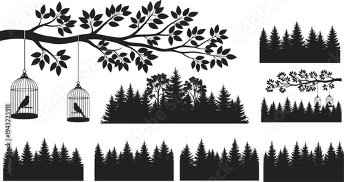Black silhouette tree branch with hanging bird cages, coniferous forest pine trees background, vector illustration set for nature freedom captivity design themes
