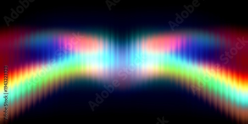 Glass ripple texture with dark gradient background and neon cyan magenta and rainbow light streaks. Futuristic distortion, moody abstract glow, reeded vertical blur. Vector illustration futuristic.
