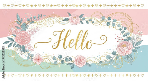 Greeting card with floral wreath and 'hello' message on pastel background for invitations and celebrations