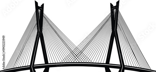 Cable stayed bridge silhouette illustration, modern suspension bridge architecture isolated on white background, transportation infrastructure vector design