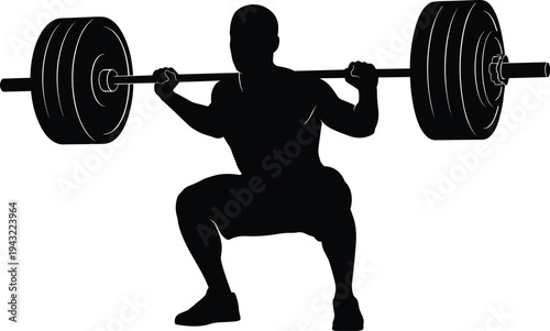 Powerful black silhouette of a male weightlifter performing a deep barbell squat, representing strength, fitness, bodybuilding, and intense gym workout training for athletes.