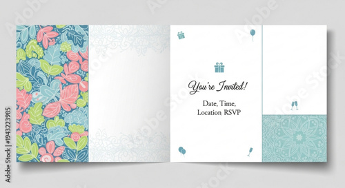 Wedding invitation card with floral design and elegant text on white background