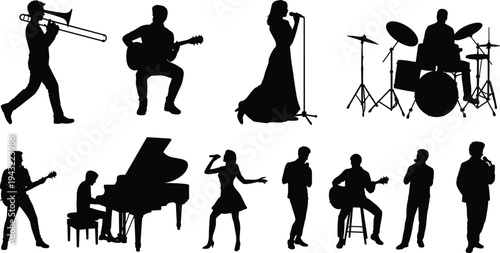 Silhouettes of musicians playing various instruments and singing on stage musical instruments trombone