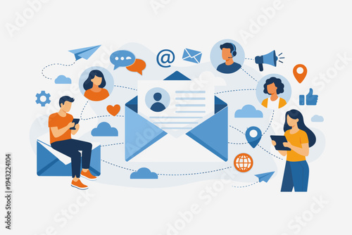 Social Media Networking and Digital Communication Concept Vector Illustration. People Connecting via Email, Chat, and Mobile Devices for Business Marketing, Support, and Online Global Community.