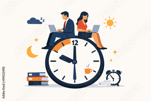 Business man and woman sitting on a giant clock using laptops for work, symbolizing time management, overtime, productivity, deadline, and 24/7 work culture in a flat vector illustration style.
