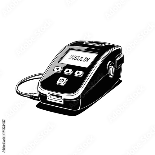 Insulin Pump Device Black and White Medical Vector Illustration