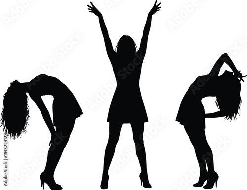 Set of elegant woman silhouettes posing and dancing in high heels wearing short dresses isolated on white background for fashion party or nightlife concept