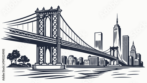 Vector illustration of manhattan bridge and new york city skyline monochrome vector illustration