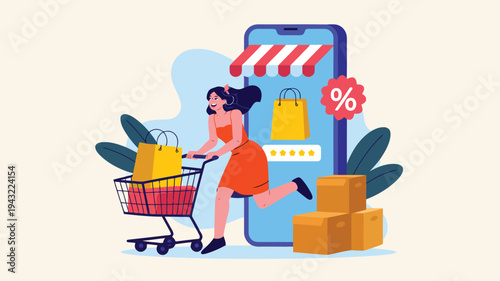 Energetic woman shopper with an orange dress pushes a cart beside a vibrant smartphone store display