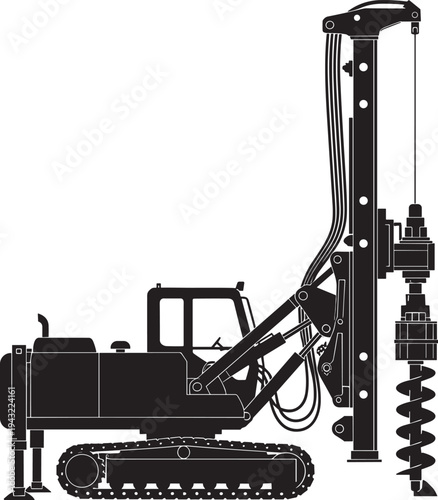 Black silhouette vector illustration of crawler rotary drilling rig with auger, piling machine for foundation work, heavy construction equipment outline, industrial machinery
