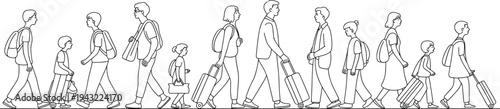 Line of diverse people walking with various luggage and backpacks in a row line people