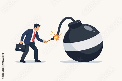 Businessman in Suit Igniting a Large Debt Bomb with a Torch, Metaphor for Financial Risk, Economic Crisis, Business Failure, and Dangerous Corporate Decisions, Flat Vector Illustration
