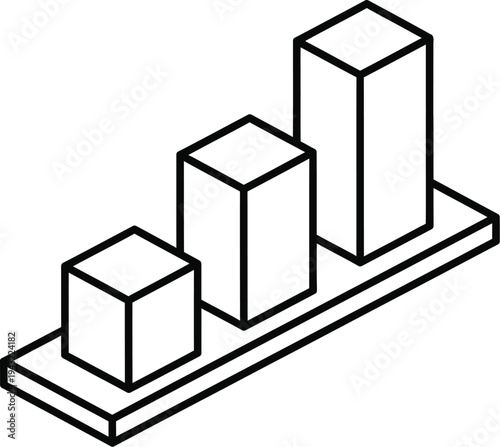 Three isometric three dimensional bar chart blocks show increasing statistical growth or progression on a flat base.