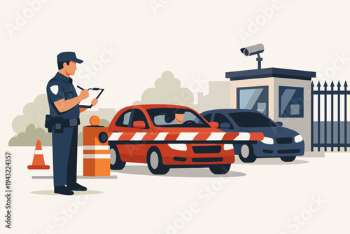 Security Guard in Uniform Checking Cars at a Gated Entrance with a Barrier Gate, CCTV Camera, and Security Booth, Flat Vector Illustration of Access Control, Traffic Monitoring, and Safety.