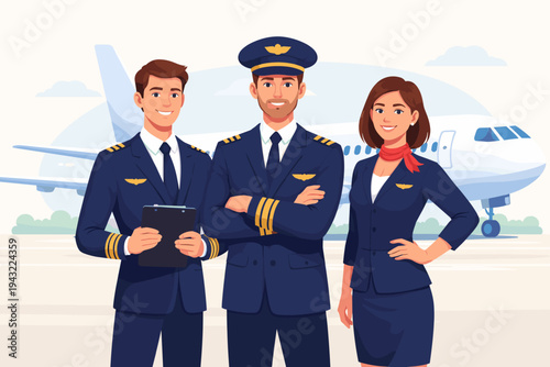 Professional airline crew vector illustration with a captain, pilot, and flight attendant in navy uniforms standing on an airport runway with a large commercial jet airplane in the background.