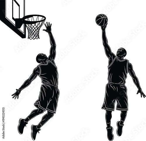 Basketball Action Illustration Vector Featuring Dynamic Dunk and Layup Poses, Sports Training Symbol, and Marketplace Success for Creative Projects