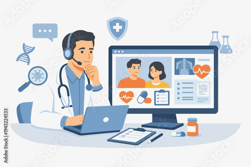 Professional male doctor using laptop and headset for telemedicine video call consultation with patients, displaying digital medical records, X-rays, and health data on a large computer screen.