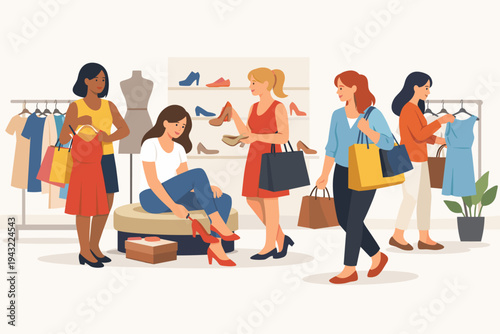 Flat vector illustration of diverse women shopping in a trendy clothing boutique or mall, browsing apparel on racks, trying on red high-heeled shoes, and carrying colorful shopping bags together.