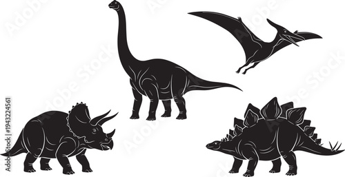 Dinosaur silhouette vector illustration, Triceratops, Brachiosaurus, Pteranodon, Stegosaurus, prehistoric animals, paleontology artwork, educational design, ancient reptiles,