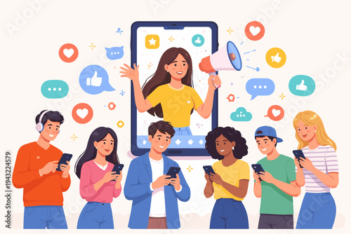 Social Media Influencer Marketing Concept with Diverse Group of Young People Using Smartphones and Following a Digital Creator on Screen with Megaphone and Floating Like and Heart Icons.