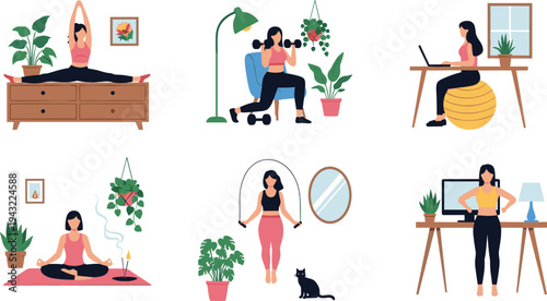 Healthy lifestyle women activities collection yoga meditation fitness workout home office flat vector illustration set