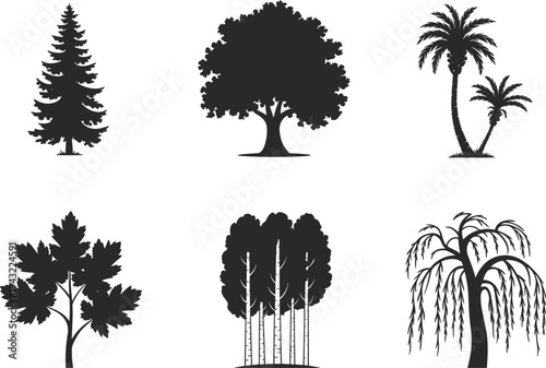 Six different types of black and white tree silhouettes on a white background trees