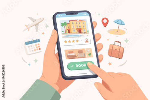 Hand Holding Smartphone for Online Hotel Booking and Travel Planning. Flat Vector Illustration of Mobile App Interface with Airplane, Suitcase, Calendar, and Beach Icons for Vacation Tourism.