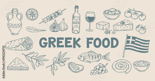 Hand drawn doodle greek food collection. A collection of hand drawn greek food illustrations and ingredients. Traditional Mediterranean cuisine elements