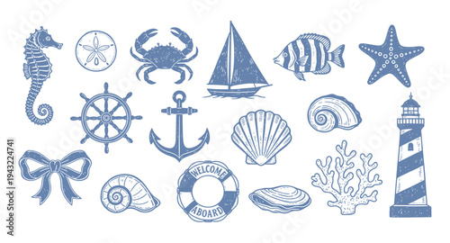 A charming collection of hand drawn tropical beach elements. Marine doodles set with ships, boats and nautical anchors. Vector illustrations in hand drawn style