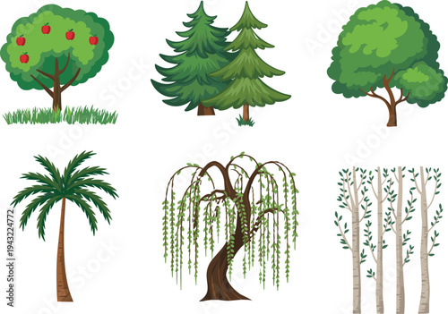 Six Different Types of Trees with Green and Brown Colors on White Background