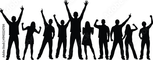 Silhouette of diverse group of people celebrating with raised arms, fists, and peace signs, symbolizing unity, empowerment, activism, teamwork, diversity, enthusiasm, and collective energy.