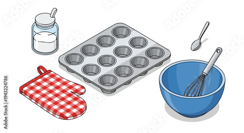 Illustration of baking supplies including a muffin tin, bowl with whisk, jar, and oven mitt on a white background.