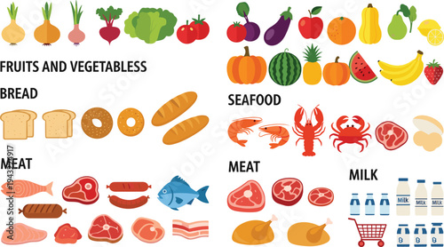 Food categories collection with fruits vegetables bread seafood meat and milk grocery icons flat vector illustration set
