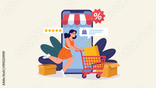 Enthusiastic woman pushes a shopping cart with purchases next to a large phone online store