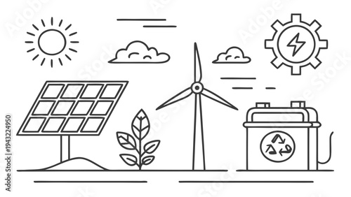 Renewable energy icons: solar panel, wind turbine, sun, clouds, battery, and gear