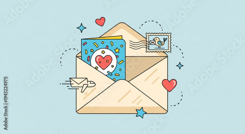 Valentine's day greeting card in an open envelope with hearts and stars on a light blue background