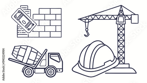 Construction icons: money on bricks, crane, cement mixer, and hard hat
