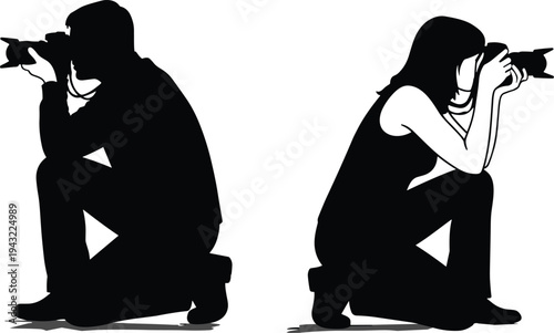 Silhouette of male and female photographers crouching with cameras, capturing creative shots, symbolizing photography passion, artistic vision, teamwork, gender diversity, hobby, profession, and visua