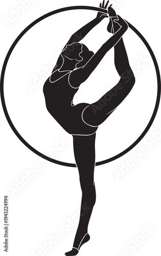 Elegant black silhouette of female aerialist performing advanced pose on aerial hoop, lyra gymnastics, circus acrobatics vector illustration, isolated on white background,