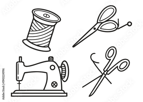 Sewing and craft icons: spool of thread, scissors, and sewing machine