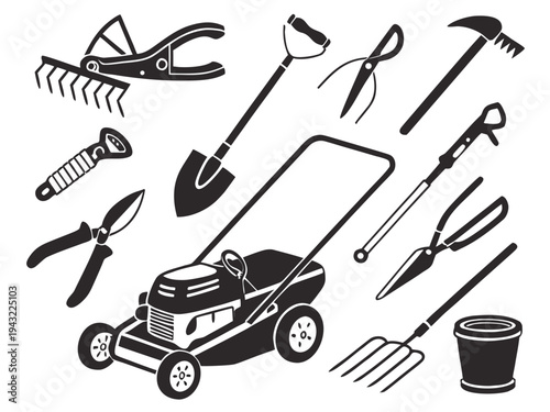 Gardening tools and lawn mower collection, symbolizing yard work and maintenance