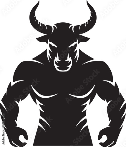 A muscular human torso with a bulls head silhouette in black and white