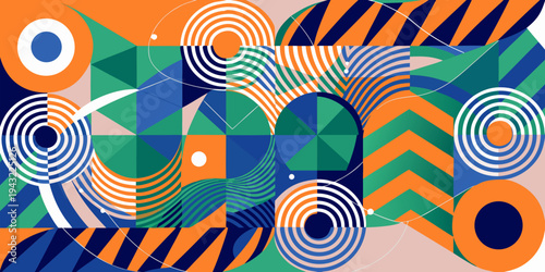 A modern geometric abstract image featuring various shapes like circles and triangles in bold, vibrant colors creating a visually striking composition. vector icon