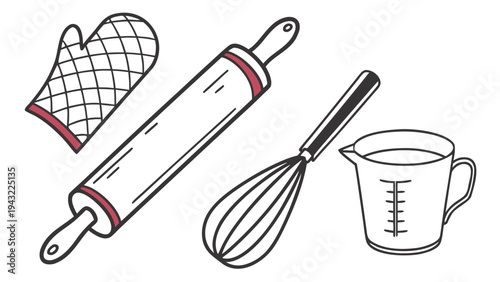 Baking essentials outline icons: rolling pin, oven mitt, whisk, measuring cup - simple graphics for cooking and baking
