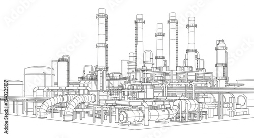 Industrial Factory Complex Line Drawing.